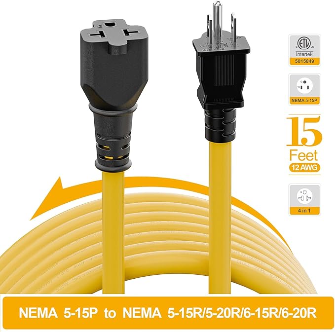 [15-Feet] NEMA 5-15P to 5-15R/ 5-20R/ 6-15R/ 6-20R AC Adapter, Plugrand 12AWG 15 Amp Household AC Plug to 20 Amp T Blade Adapter Cable, 15A 125V to 20A 250V Extension Cable, 15FT