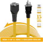 [15-Feet] NEMA 5-15P to 5-15R/ 5-20R/ 6-15R/ 6-20R AC Adapter, Plugrand 12AWG 15 Amp Household AC Plug to 20 Amp T Blade Adapter Cable, 15A 125V to 20A 250V Extension Cable, 15FT