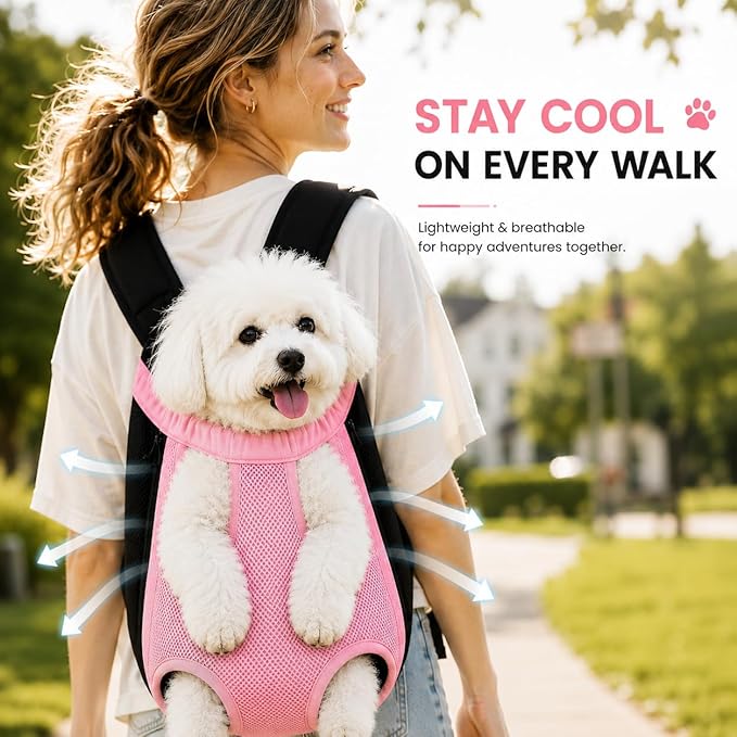 Pet Front Carrier for Small Dogs & Cats, Breathable Legs-Out Riding Carrier for Cycling, Walking & Outdoor Travel, Adjustable Hands-Free Pet Carrier Backpack, Pink
