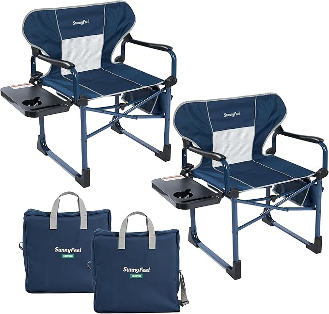 SUNNYFEEL Camping Directors Chair Set of 2 Aluminum Oversized Portable Folding Chair with Side Pocket and Adjustable Side Table for Beach, Fishing, Trip, Picnic, Lawn, Outdoor Foldable Camp Chairs
