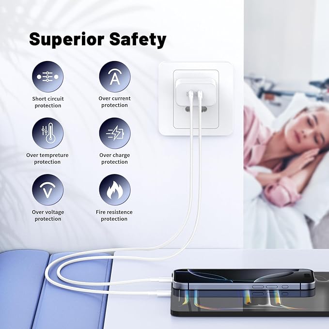 QZIIW iPhone 17 16 15 Pro Max Charger Fast Charging,45W Dual Port USB C Fast Charger Block [2-Pack] & Extra Long 60W 3/6/10/10FT USB C Cable - PD Quick Adapter 3.0 for iPhone 16 15 17/16 15 17 Pro.