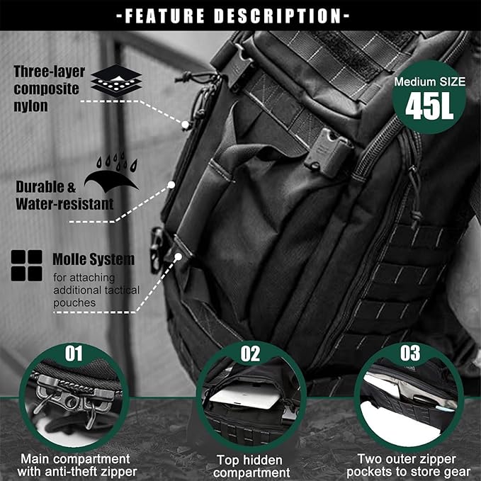 Miramrax Travel Duffle Bag Backpack for Men - Large Tactical Bags Weekender Gym Bag for Overnight Traveling Military Workout Deployment Sports (Black, 45L)
