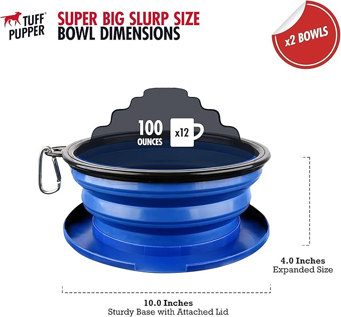 Tuff Pupper SuperBigSlurp Collapsible Dog Bowls | Two Pack Bowls | Extra Large Capacity | Portable, Food Safe, Odorless | Non-Toxic Silicone [Two Pack Blue Bowls 100oz]