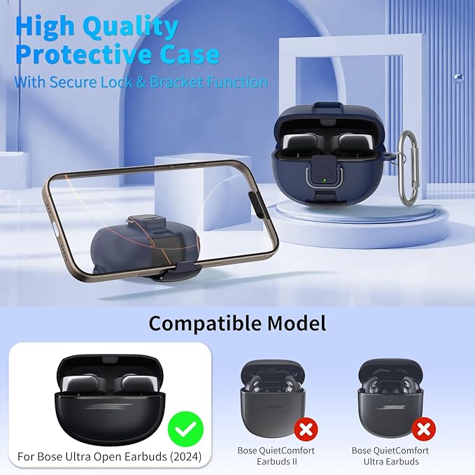 for Bose Ultra Open Earbuds Case with Secure Lock & Phone Stand, Soft TPU Shockproof Protective Clear Case for Bose Open Ear Earbuds Accessories with Cleaning Pen & Keychain (Dark Blue)