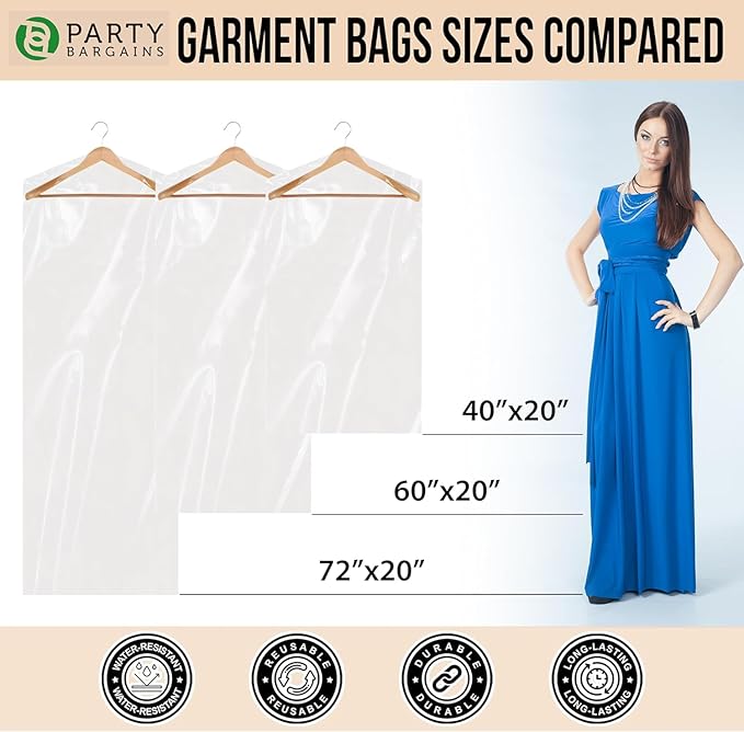 PARTY BARGAINS 40 x 25 Inch Disposable Clear Garment Bags, 100 Pack – Heavy-Duty Plastic Clothes Covers for Suits Dresses Coats, Closet & Travel
