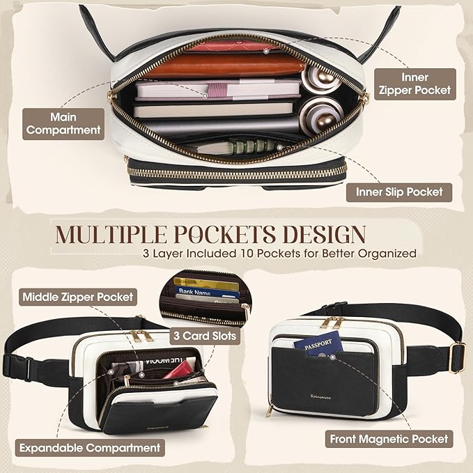 RAINSMORE Fanny Packs for Women, Leather Belt Bag Waterproof Everywhere Crossbody Waist Pack with Adjustable Strap Retro Sling Chest Bag for Work Running Travel Party, Black with White
