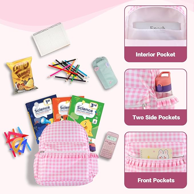 DYSHAYEN Gingham Kids Backpack,15 Inch School Backpack for Girls Boys,Kindergarten Large Bookbag Age 5-8 for Birthday Gifts School Overnight (Pink)