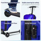 Scooter Suitcase for Kids & Adults，3-D Hardshell Ride On Scooter Luggage with Led Light Up Wheels，TSA Lock，Lightweight Foldable Carry On Rideable Suitcase for Children Teenagers (Blue, 21-inch)