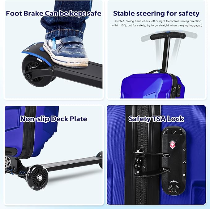 Scooter Suitcase for Kids & Adults，3-D Hardshell Ride On Scooter Luggage with Led Light Up Wheels，TSA Lock，Lightweight Foldable Carry On Rideable Suitcase for Children Teenagers (Blue, 21-inch)