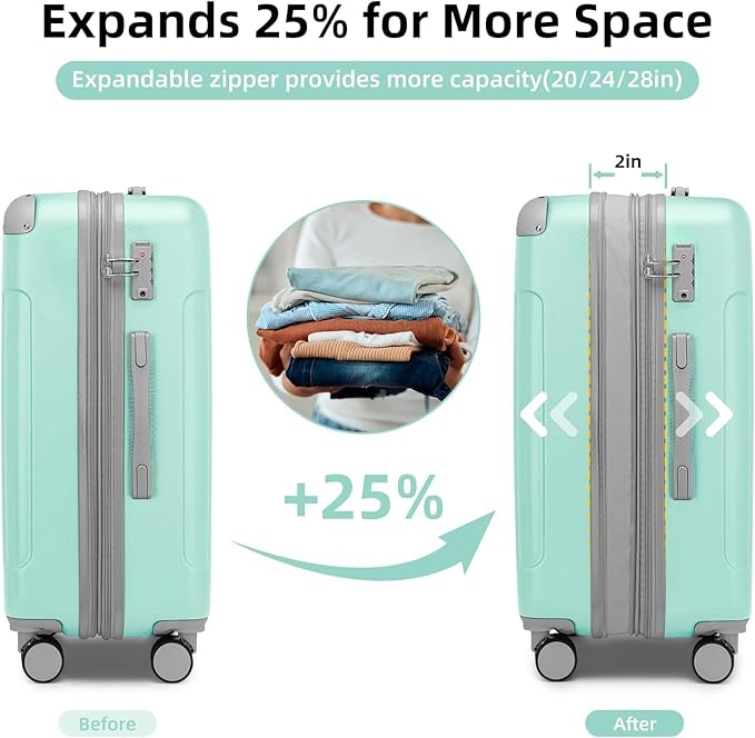 6 Piece Luggage Sets with Bags, Lightweight Expandable Checked Luggage Sets, Hardshell ABS Spinner Wheels Carry on Suitcase with TSA Lock, for Travel, Women Men (Mint Green, 18/20/24/28inch+2bags)