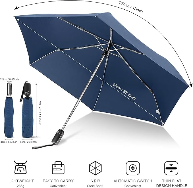 Compact Travel Umbrella for Purse - Flat Handle, Waterproof for Light Rain