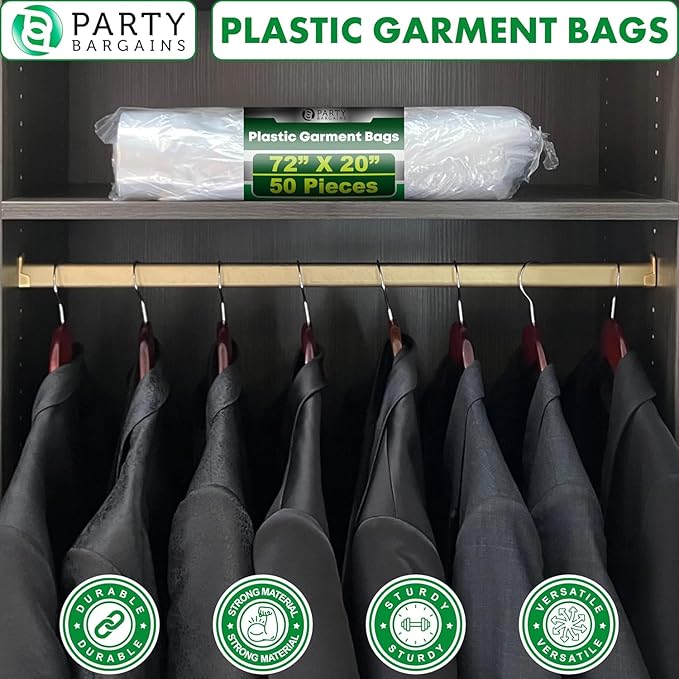 PARTY BARGAINS 72 x 20 Inch Disposable Clear Garment Bags, 100 Pack – Heavy-Duty Plastic Clothes Covers for Suits Dresses Coats, Closet & Travel