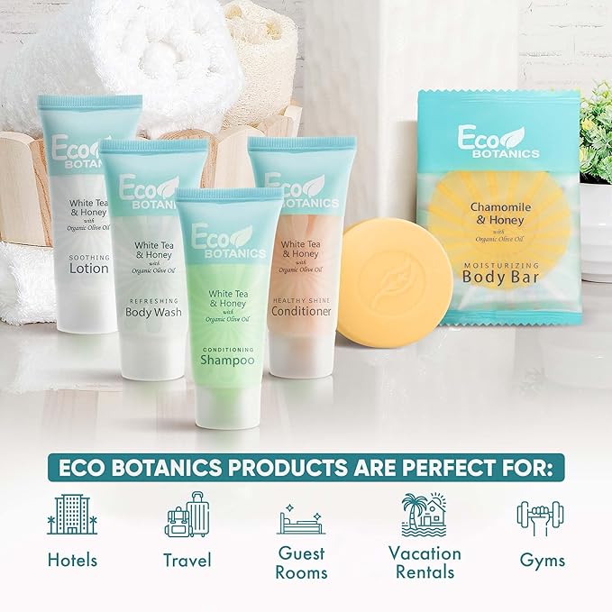 Travel Size Hotel Toiletry Set 150 Count 0.85 oz Bottles Guest Amenities for Vacation Rentals and Short Term Rentals Paraben Free White Tea Scent Infused with Aloe and Olive Oil by Eco Botanics