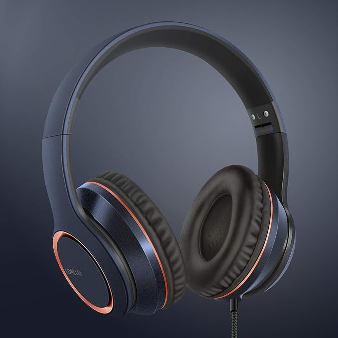 LORELEI X8 Over-Ear Wired Headphones with Microphone with 1.45m-Tangle-Free Nylon Line&3.5mm Plug,Lightweight Foldable & Portable Headphones for Smartphone,Tablet,Computer,Mp3/4(Dark Blue)