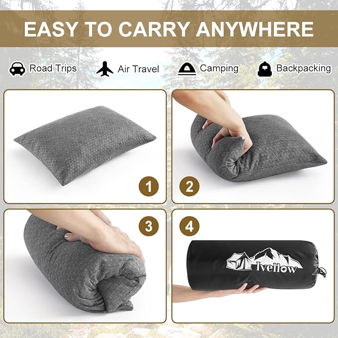 Ivellow Travel Pillow Camping Pillow for Sleeping Small Shredded Memory Foam Pillow Compressible Compact Medium Firm, Soft Breathable Cover,Supportive for Outdoor Car Backpacking Hiking Essential Gear