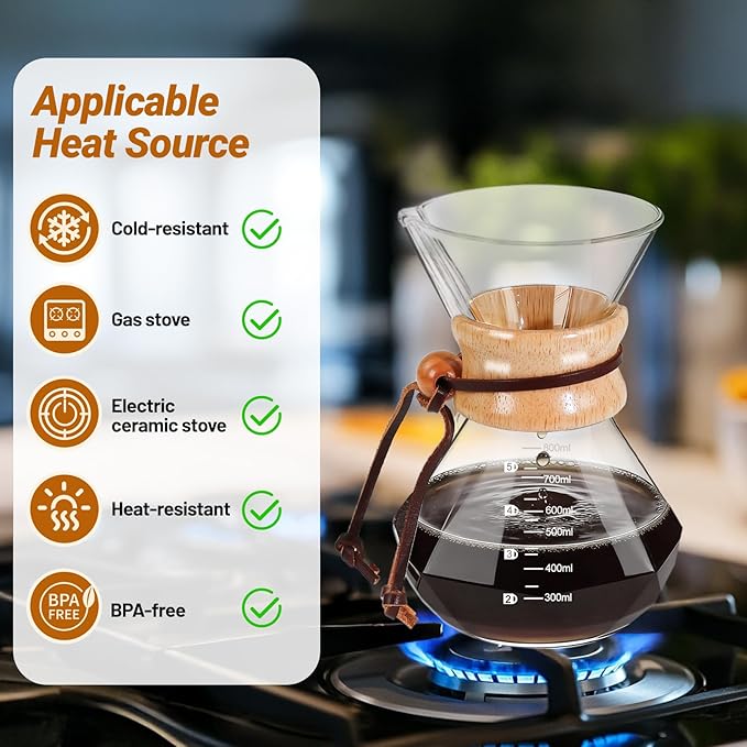 Coffee Pour Over 27.1oz 800ml High Borosilicate Glass Pour Over Coffee Maker Set Camping with Reusable 304 Stainless Steel Filter Hand Brew Carafe Drip Suitable for Electric Ceramic Stove