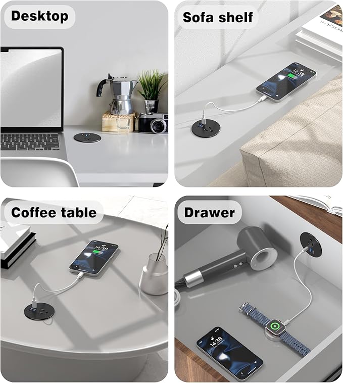 Desk Grommet Power Outlet, 2.5 inch Desktop Recessed Outlet with 20W Fast Charging USB-C Port, Flush Mount Outlet for Conference Rooms, Office Tables, Furniture (Black, 10FT)