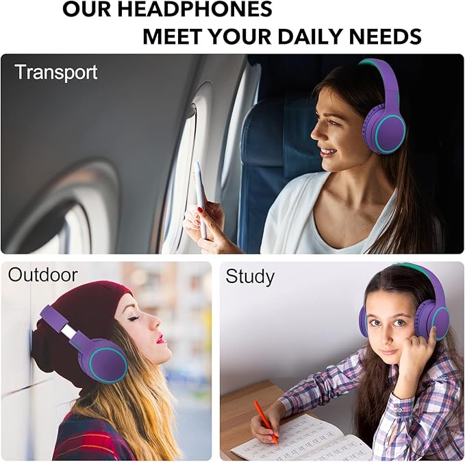 B10 Bluetooth Headphones Over Ear, 2 EQ Music Modes(Normal/Bass) and 50H Playtime Wireless Headphones with Mic, Lightweight Folding HiFi Stereo Headset for iPad/Travel/Tablet/PC/Home (Purple)