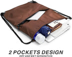 Drawstring Backpack Sports Water Resistant String Bag Sport Gym Sackpack for Women Men Students Large Size with Zipper, Brown