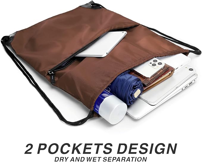 Drawstring Backpack Sports Water Resistant String Bag Sport Gym Sackpack for Women Men Students Large Size with Zipper, Brown