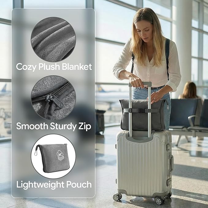 Travel Blanket, Soft 2-in-1 Airplane Blanket, 65x40 Inches, Travel Blanket Airplane Compact with Bag, Car Blanket with Luggage Sleeve & Backpack Clip (Light Grey)