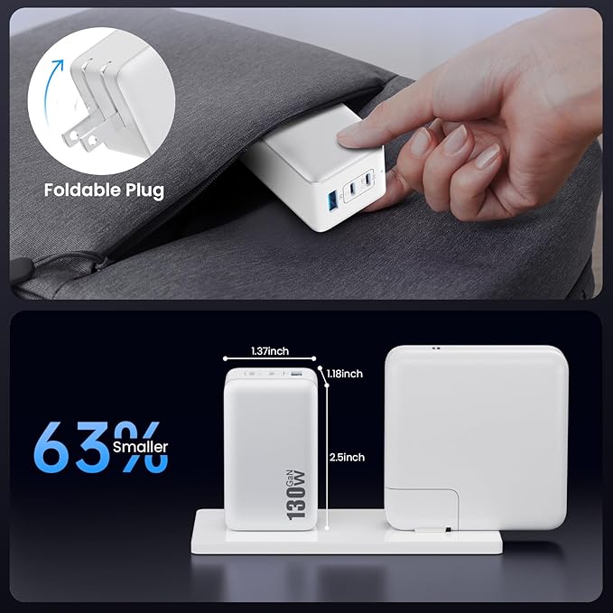 130W USB C Wall Charger,GaN III 3-Port Fast Charging Station,PD QC Foldable Charger Block Portable 65W USB C Laptop Adapter for MacBook Pro/Air,iPad Pro,Galaxy S23,Dell XPS 13,iPhone 16