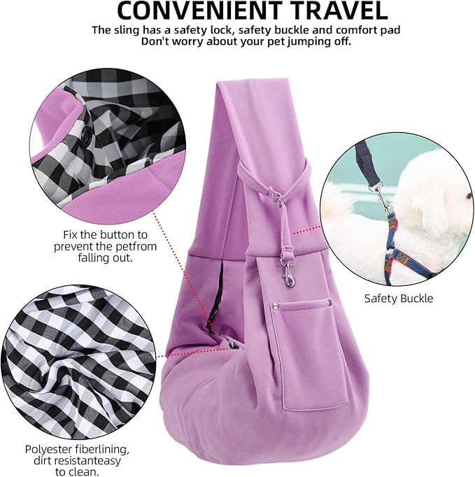 Dog Carrier Sling - Reversible Puppy Carrier Purse with Storage Pocket, Hand-Free Dog Sling Carrier for Carry Small Dogs and Cats, Travel Safety Harness, Dog and Cat Harness (Purple)