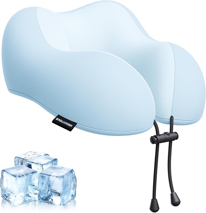 urnexttour Travel Pillow for Airplane Memory Foam Neck Pillow, Soft & Support Travel Pillow for Travelling, Sleeping Rest, Car, Train and Home Use (Blue)