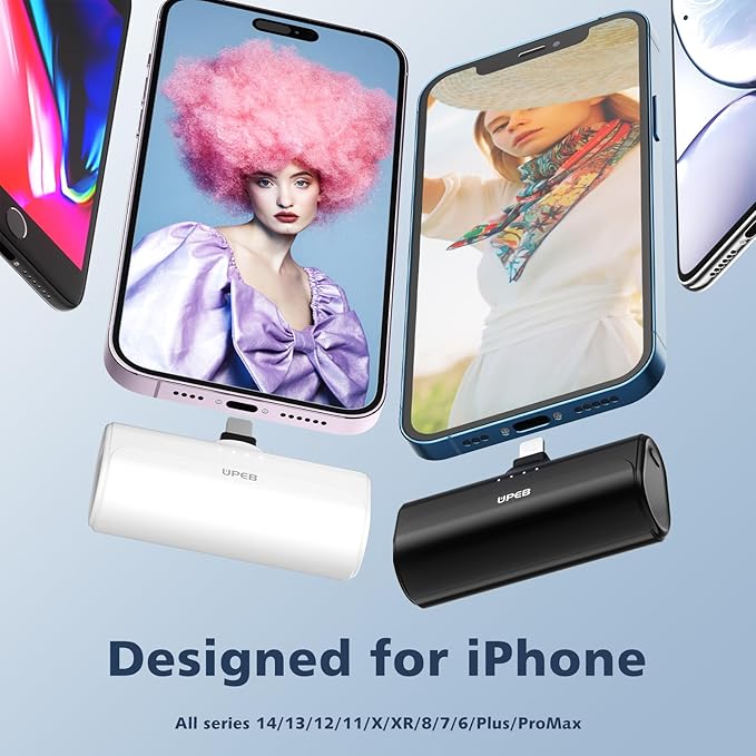 UPEB Small Portable Charger for iPhone 5000mAh 2 Packs with Built in Cable, MFi Certified Compact Power Bank Cordless External Battery Pack for All iPhone Series 14/13/12/11/XR/X/SE/8/7/6 Pro Max