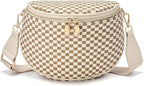Trendy Woven Checkered Crossbody Bum Bag for Women，PU Leather Checkered Purse Fanny Packs Belt Bag (Woven Bum Bag - Khaki Beige)