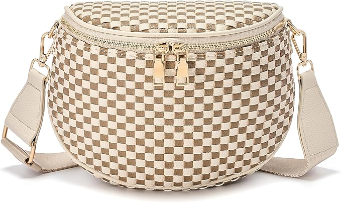 Trendy Woven Checkered Crossbody Bum Bag for Women，PU Leather Checkered Purse Fanny Packs Belt Bag (Woven Bum Bag - Khaki Beige)