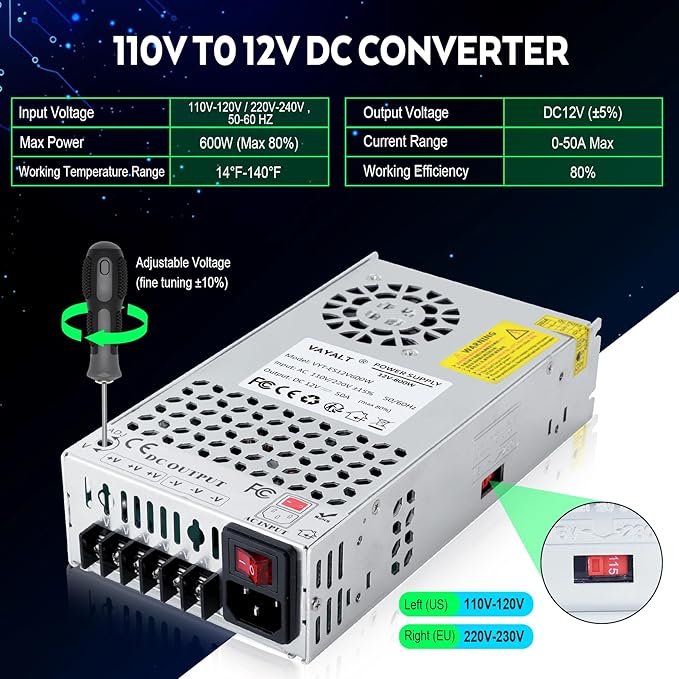 VAYALT DC 12V 50A 600W Switching Power Supply, 110V/220V AC to DC Converter, Universal Regulated Switching, 12V Power Supply for CCTV Camera System, 3D Printer, LED Strip, Computer Project