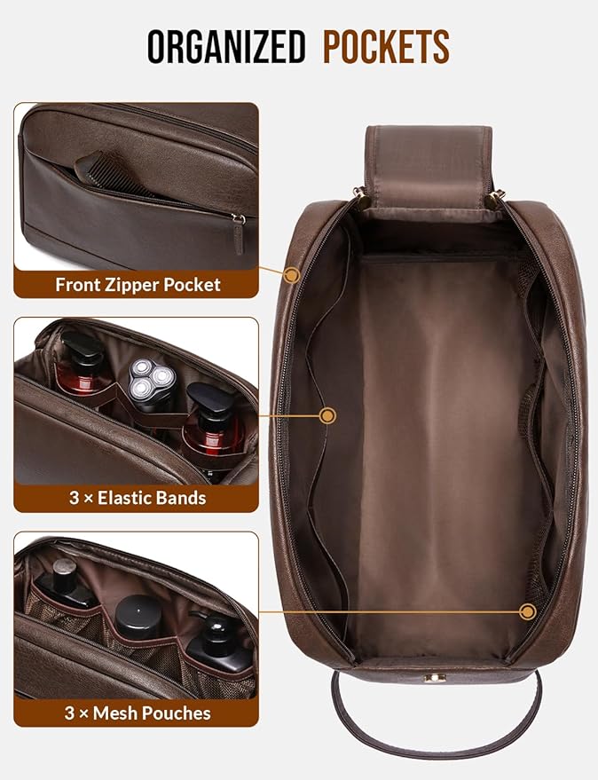 Large PU Leather Toiletry Bag for Men - Water Resistant Travel Bag for Toiletries, Bathroom Essentials, Accessories - Dark Brown