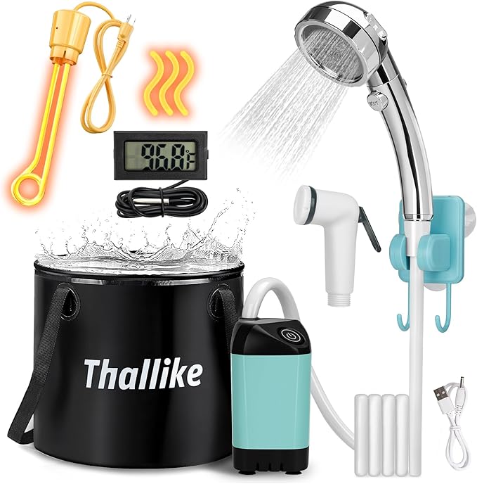 Portable Hot Shower for Camping Shower Tent Kit, 1000W Immersion Heater, Rechargeable Camping Shower Pump, Pop Up Shower Tent with 6.6 Gallons Folding Bucket for Adults Outdoor