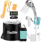 Portable Hot Shower for Camping Shower Tent Kit, 1000W Immersion Heater, Rechargeable Camping Shower Pump, Pop Up Shower Tent with 6.6 Gallons Folding Bucket for Adults Outdoor