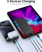 Power Bank 10000mAh Portable Charger, Slimmer Battery Pack 5V/3A with USB C Input & Output, Travel Essentials Powerbank Compatible for iPhone, Galaxy, LG, Sony, Pixels, Tablets and More (Black)
