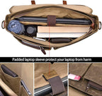 Mens Messenger Bag 15.6 Inch Waterproof Vintage Genuine Leather Waxed Canvas Briefcase Large Satchel Shoulder Bag Rugged Leather Computer Laptop Bag, Khaki