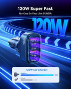 SUNDA 120W USB C Fast Car Charger, 4-Ports Car Charger Adapter, Dual Type C PD60W/PPS60W Compatible with iPhone17/16Pro/Max/iPhone15/Galaxy/SamsungS25, Dual USB-A 18W QC3.0 for Android(Blue)
