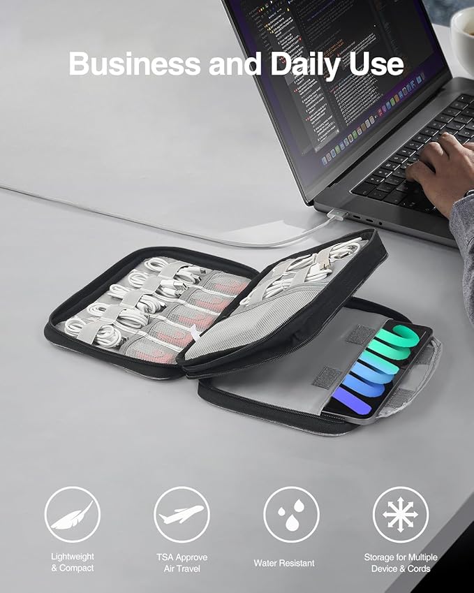 Luxtude Double Layer Cord Organizer Bag, Portable Cable Storage Case, Flat Electronic Organizer Travel Case, Portable Tech Bag for Cable/Cord Storage/iPad (up to 7.9")/Wall Charger/Electronics