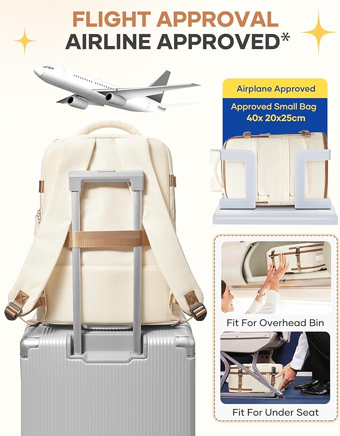 coofay Large Travel Backpack Carry on Flight Approved Mochila De Viaje Personal Item Travel Bag Backpacks for Men Women Carry on Backpack for Airplanes 18x14x8 Inches Travel Bag Beige with Brown