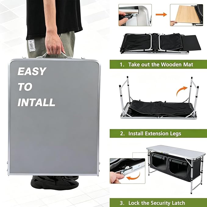 JOUYEK Camping Table, Folding Camping Table with Storage, Portable Kitchen Table, Lightweight, 3 Heights Adjustable Camping Furniture for BBQ, Picnic, Camping, Hiking, Beach, Outdoor Black