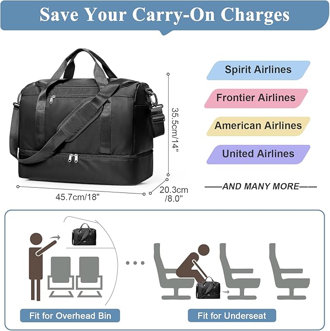 Travel Duffel Bag for Women, Carry-on Overnight Weekender Bags with Wet Pocket, For Spirit Airlines 18x14x8 Personal Item Bag,Small,Black