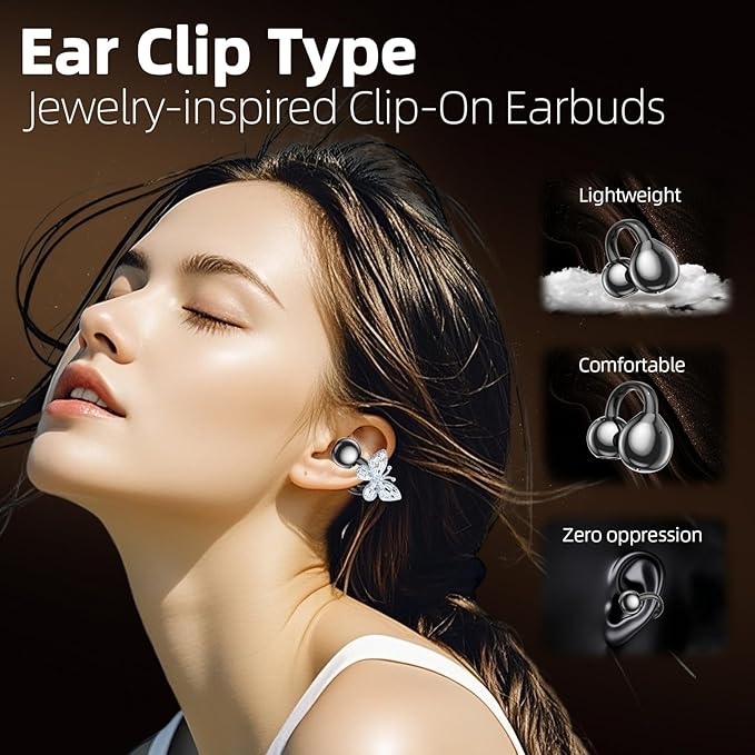 Jewelry-Inspired Clip On Earbuds,Comfortable Fit Open Ear Clip-On Headphones,Wireless Bluetooth Ear Cuff Headphones for Women,Earrings Earbuds for Running,Office,Sport&Gift (Butterfly - Black)