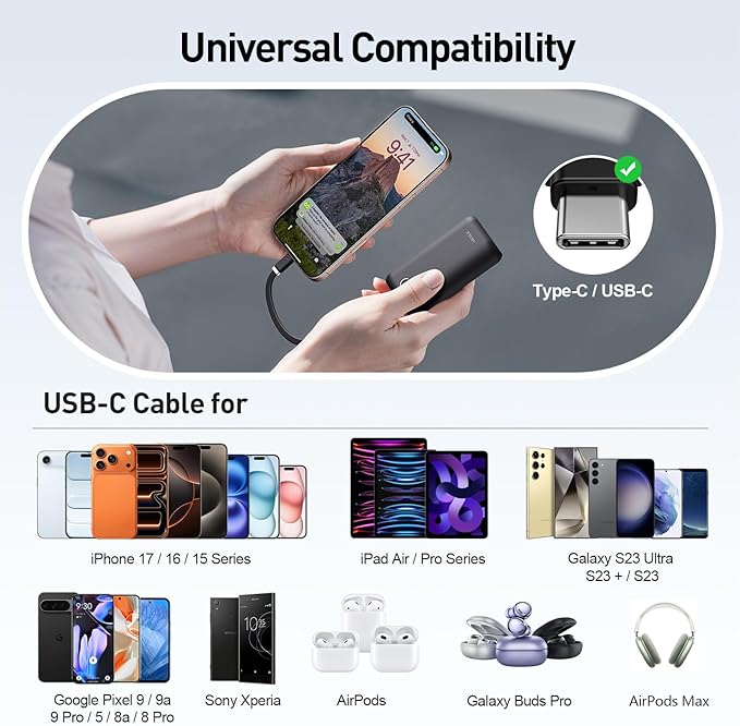 iWALK Mini Portable Charger 10,000mAh, 22.5W USB-C Fast Charging Power Bank with Built-in Cable, Travel Essential Ultra-Small Battery Pack Compatible for iPhone 17/16/16 Pro/15, Samsung, Google, Black
