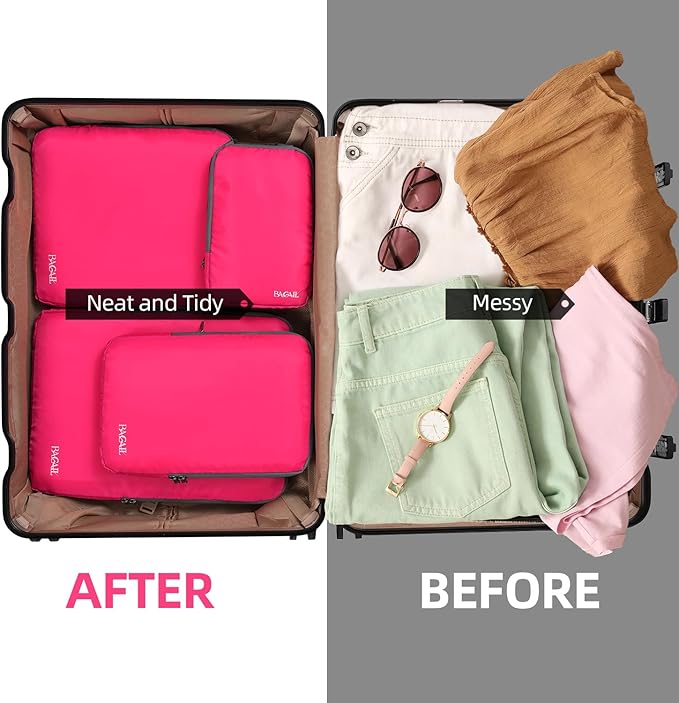 BAGAIL 4 Set/6 Set/8 Set Compression Packing Cubes Travel Accessories Expandable Packing Organizers (Cloth Pattern, 4-Fuchsia)