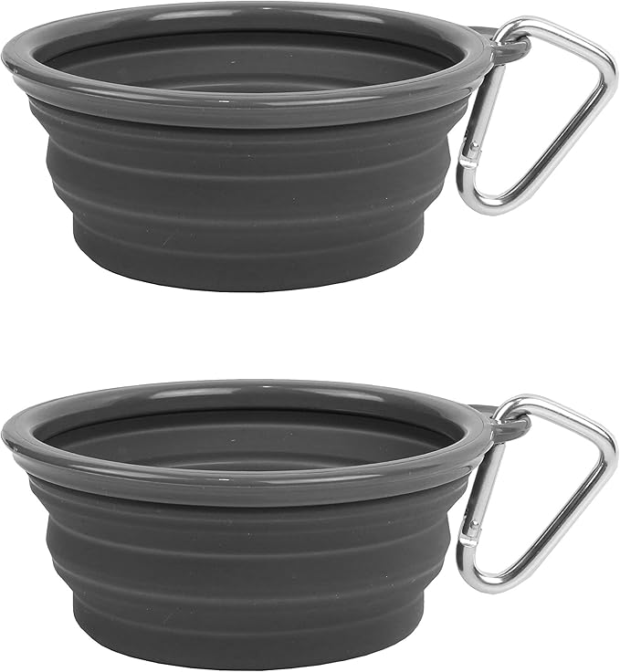 Prima Pet Collapsible Silicone Water Travel Bowl with Clip for Dog and Cat, Portable and Durable Pop-up Feeder for Convenient On-The-go Feeding - Size: Small (1.5 Cups) Grey -2 Pack