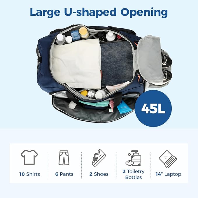 Searock 45L Gym Bag for Men, 3-In-1 Duffle Bag Backpack for Travel, Sports Duffel Bags for Gym Workout, Weekender Overnight Bag with Shoe Compartment, Wet Pocket, Navy Blue