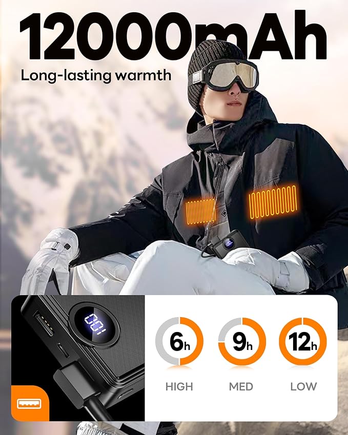 Heated Vest Battery Pack, Portable Power Charger 12000mAh 5V/2A Power Bank with LED Display, Compatible with Soleilwear USB Heated Clothing - No for 7.4V DC Heated Devices