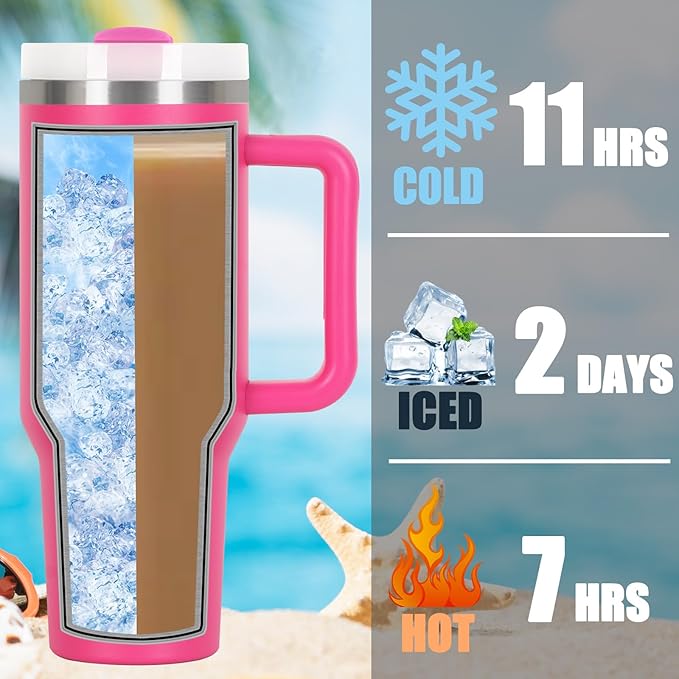 4 Pack 40 Oz Tumblers with Handle Bulk, Double Wall Vacuum Insulated Stainless Steel Tumblers with Lid and Straw, 40 oz Cup with Silicone Spill Proof Stopper Set (Black-2,Hot Pink-2)