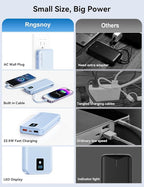 Portable Charger, 12000mAh 22.5W Fast Charging Power Bank with Built-in Cables & Wall Plug, Travel Essentials Battery Pack with LED Display, USB C External Battery Bank for iPhone iPad, Samsung Blue